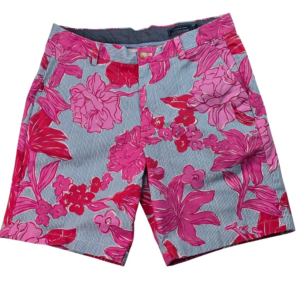 Vineyard Vines Kentucky Derby Breaker Shorts Mens 34 Pink Floral Seersucker Blue